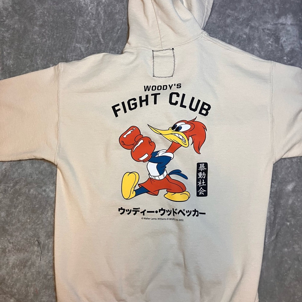 VNTG Riot Society Beige Hoodie Woody’s Fight Club Woodpecker men L READ
